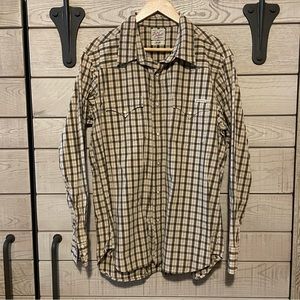 Lucky Brand Western Ivory & Brown Checkered Snap Closure Button Up Shirt…